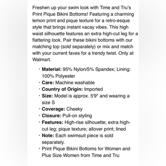 Time and Tru Women’s Floral Lemon Print Bikini Bottom! NWT! Size Large! - Picture 4 of 8